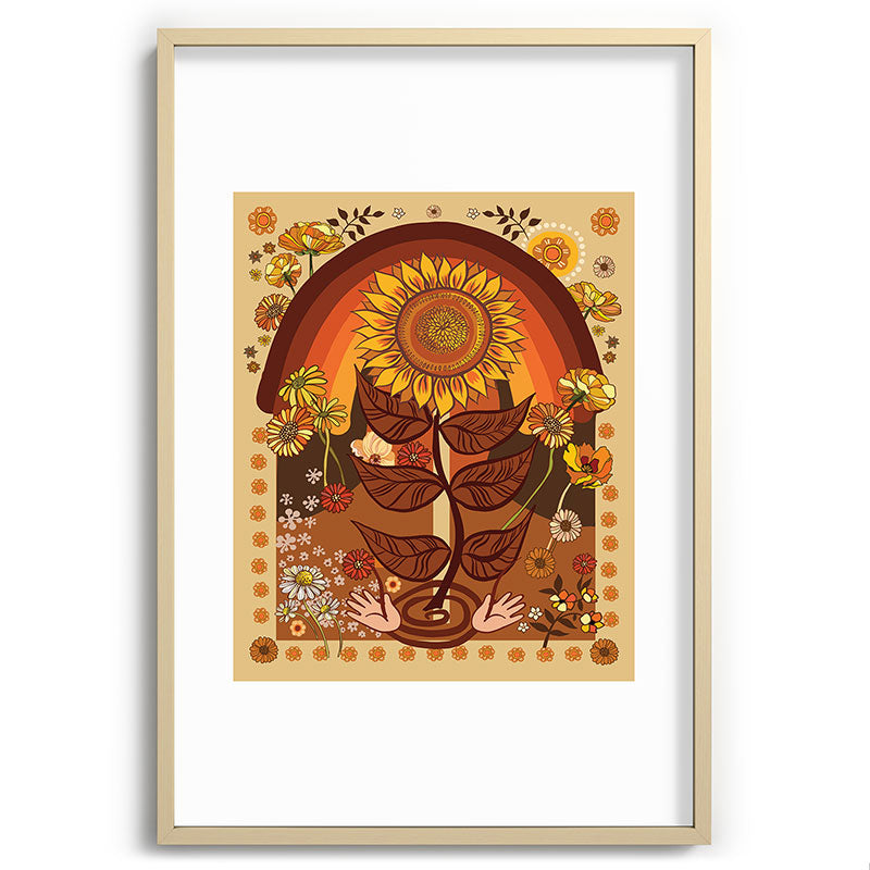 70s, Sunflower, retro, rainbow, warm colors, 60s, boho Framed Art Print