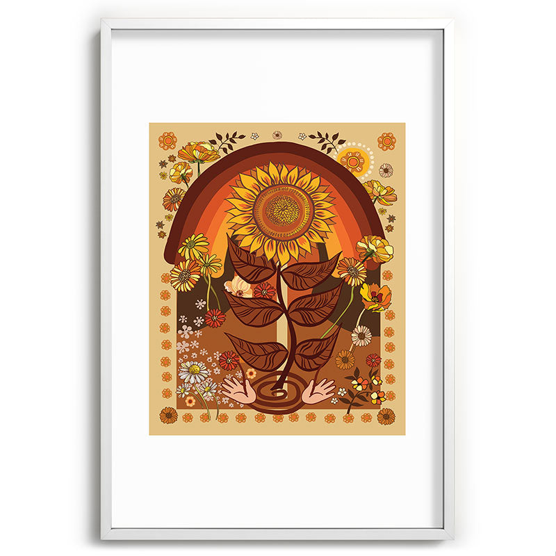 70s, Sunflower, retro, rainbow, warm colors, 60s, boho Framed Art Print