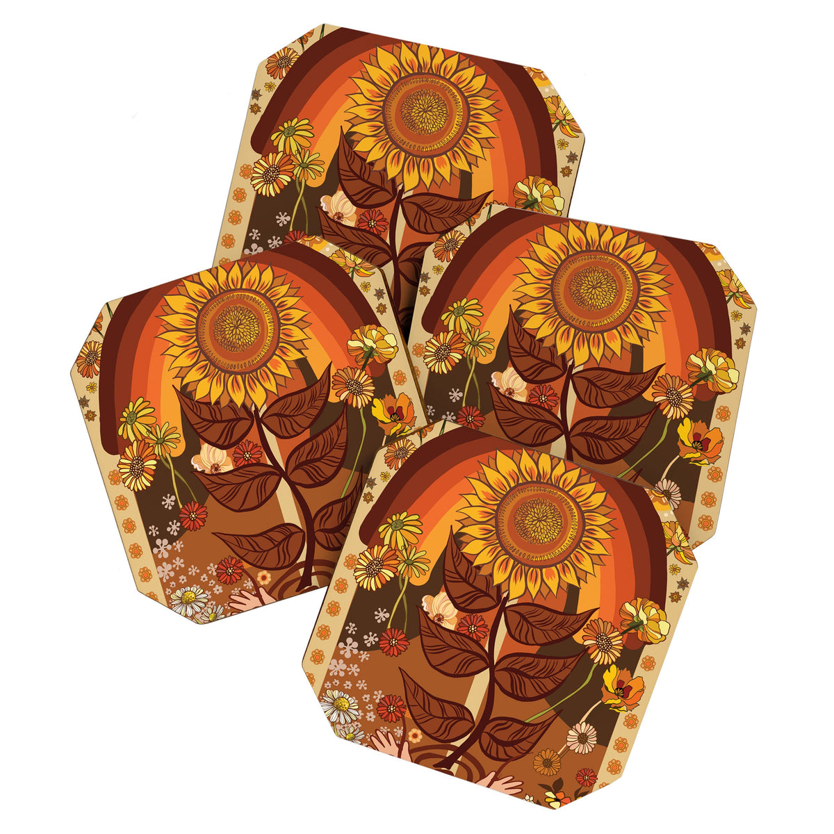 70s, Sunflower, retro, rainbow, warm colors, 60s, boho Coaster