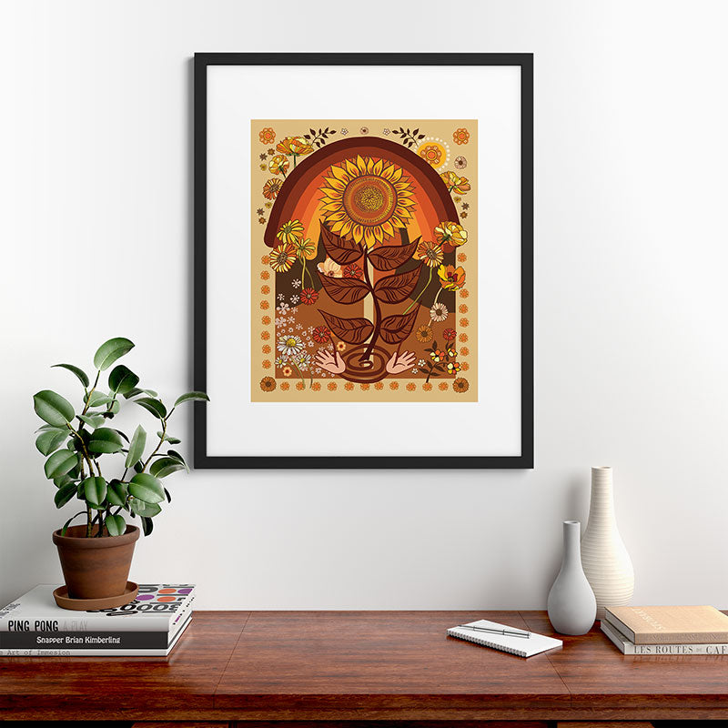 70s, Sunflower, retro, rainbow, warm colors, 60s, boho Framed Art Print