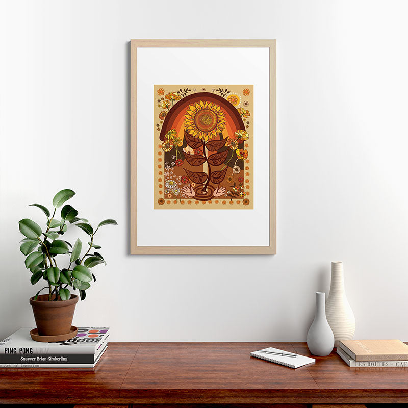 70s, Sunflower, retro, rainbow, warm colors, 60s, boho Framed Art Print