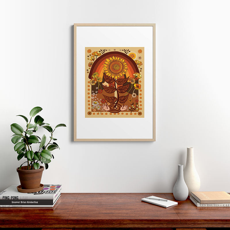 70s, Sunflower, retro, rainbow, warm colors, 60s, boho Framed Art Print