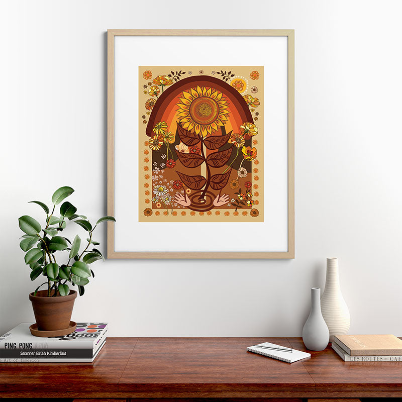 70s, Sunflower, retro, rainbow, warm colors, 60s, boho Framed Art Print