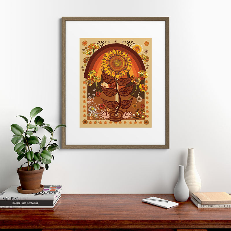 70s, Sunflower, retro, rainbow, warm colors, 60s, boho Framed Art Print