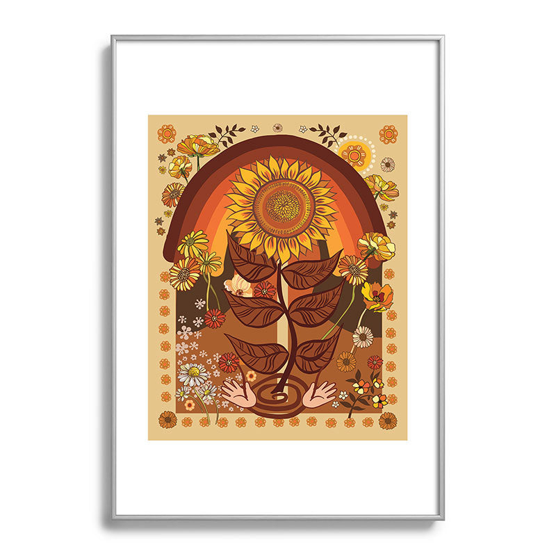 70s, Sunflower, retro, rainbow, warm colors, 60s, boho Framed Art Print