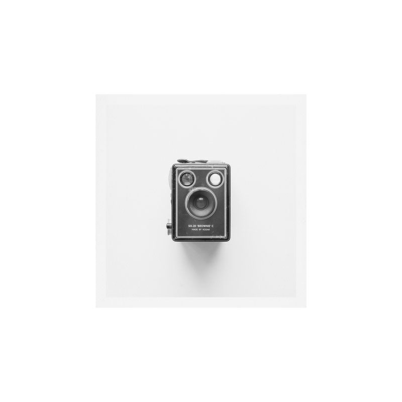 A Kodak Brownie analog vintage camera on a white background  Retro photography in black and white Art Print