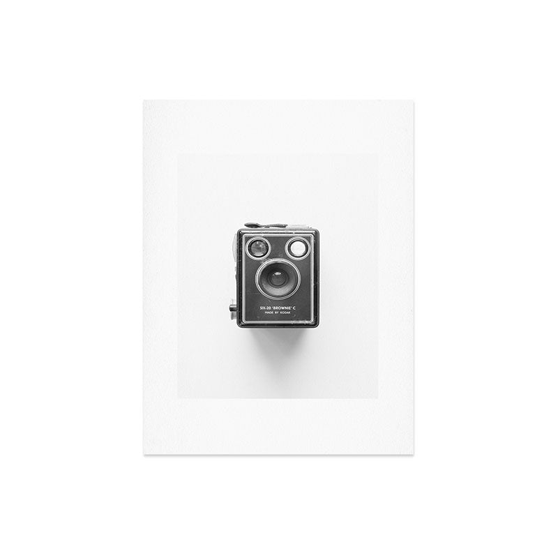 A Kodak Brownie analog vintage camera on a white background  Retro photography in black and white Art Print