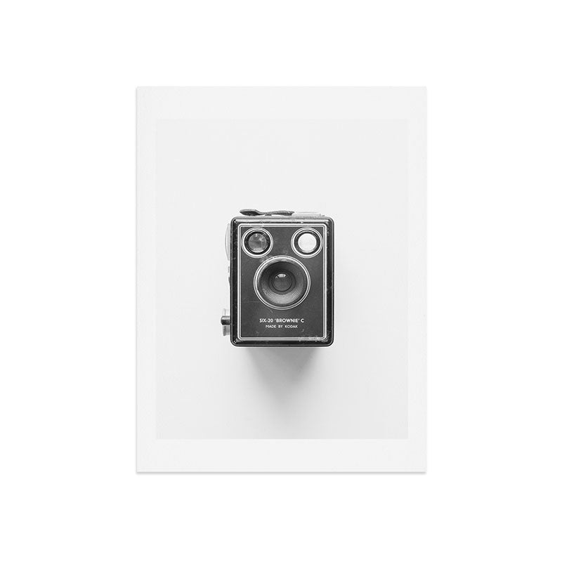 A Kodak Brownie analog vintage camera on a white background  Retro photography in black and white Art Print