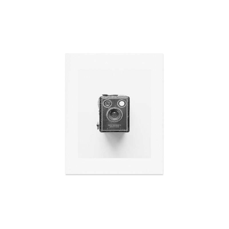 A Kodak Brownie analog vintage camera on a white background  Retro photography in black and white Art Print