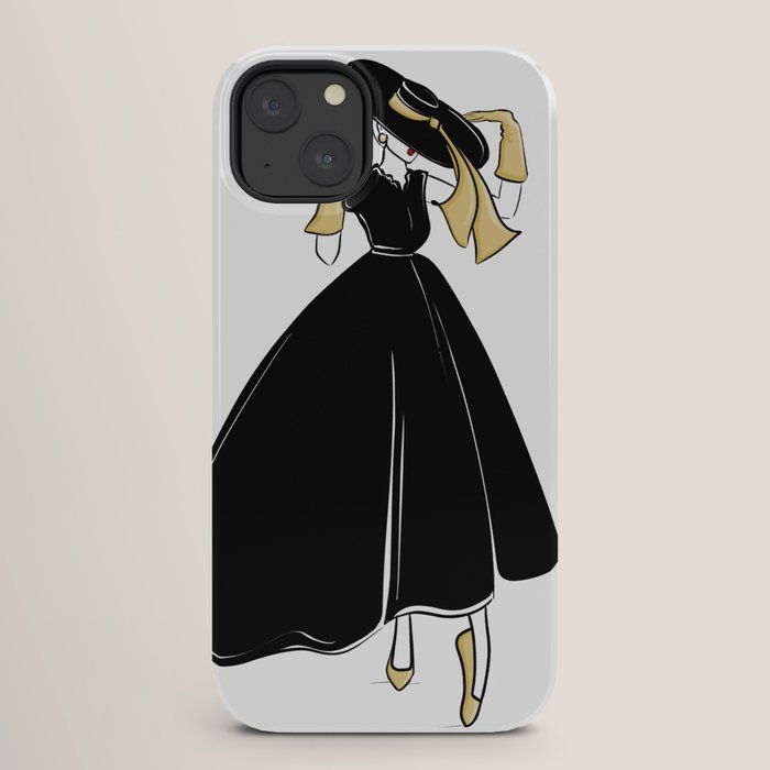 1950's Inspired Fashion Illustration Black & White with Gold iPhone Case