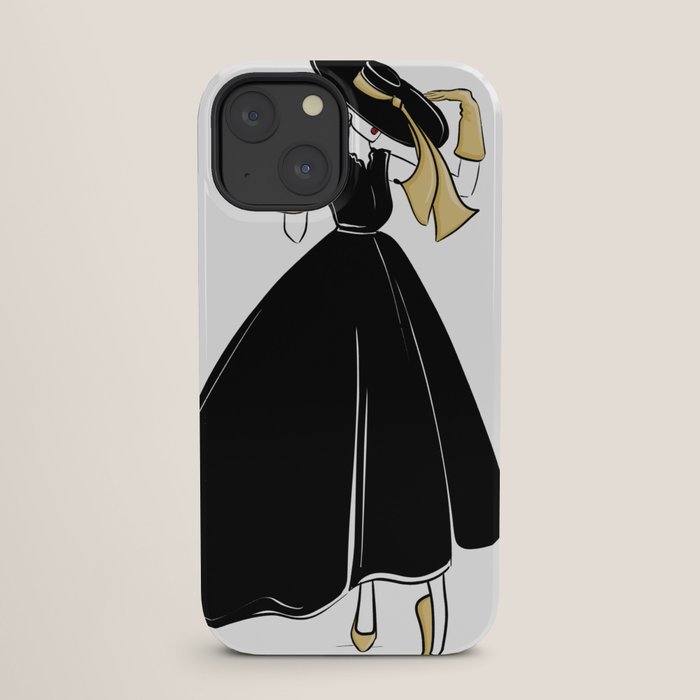 1950's Inspired Fashion Illustration Black & White with Gold iPhone Case