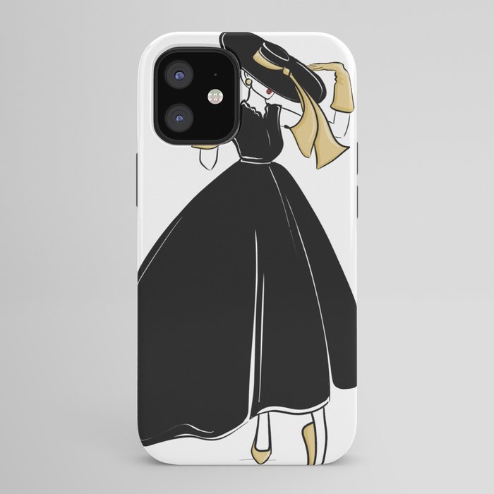 1950's Inspired Fashion Illustration Black & White with Gold iPhone Case