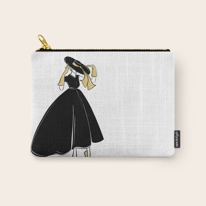 1950's Inspired Fashion Illustration Black & White with Gold Carry All Pouch