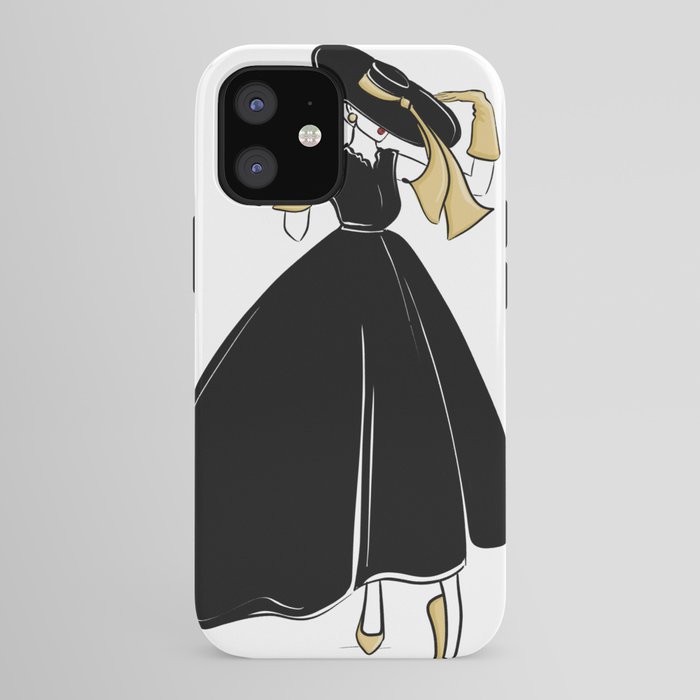 1950's Inspired Fashion Illustration Black & White with Gold iPhone Case