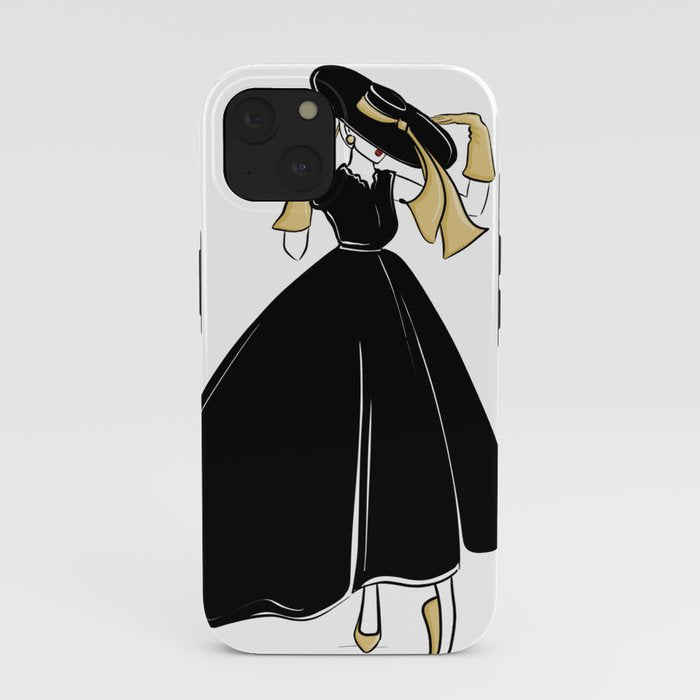 1950's Inspired Fashion Illustration Black & White with Gold iPhone Case