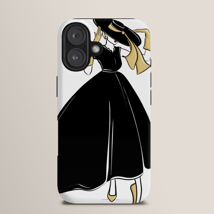 1950's Inspired Fashion Illustration Black & White with Gold iPhone Case