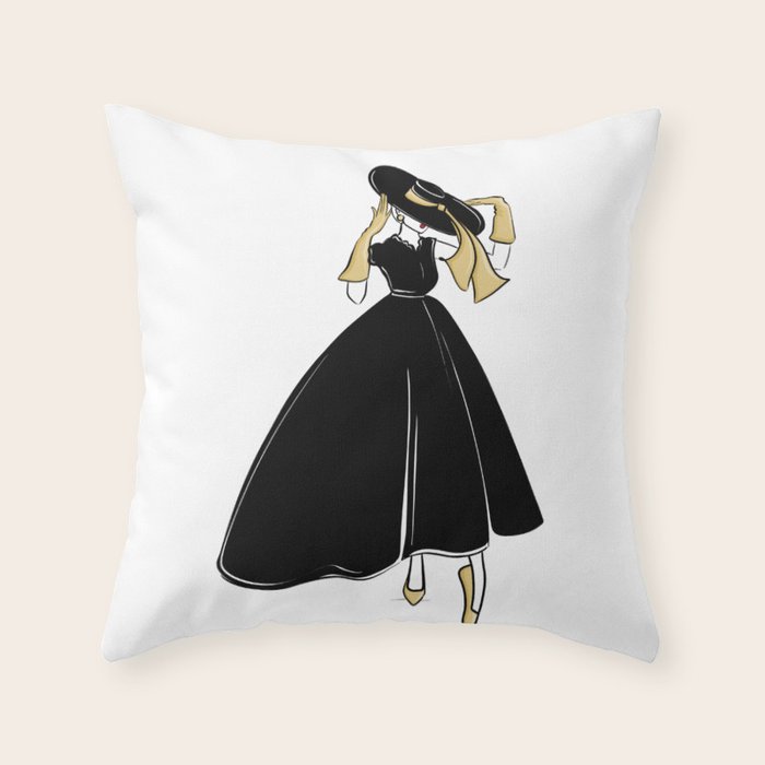1950's Inspired Fashion Illustration Black & White with Gold Throw Pillow