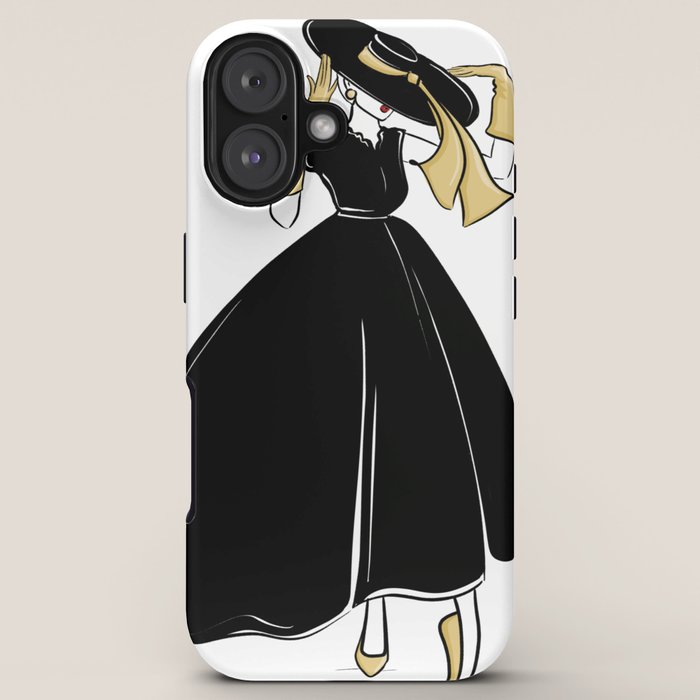 1950's Inspired Fashion Illustration Black & White with Gold iPhone Case