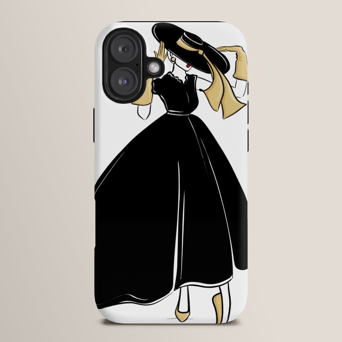 1950's Inspired Fashion Illustration Black & White with Gold iPhone Case