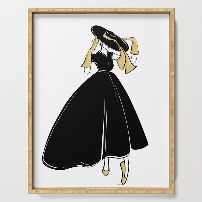 1950's Inspired Fashion Illustration Black & White with Gold Serving Tray