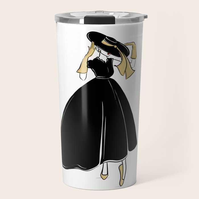 1950's Inspired Fashion Illustration Black & White with Gold Travel Mug