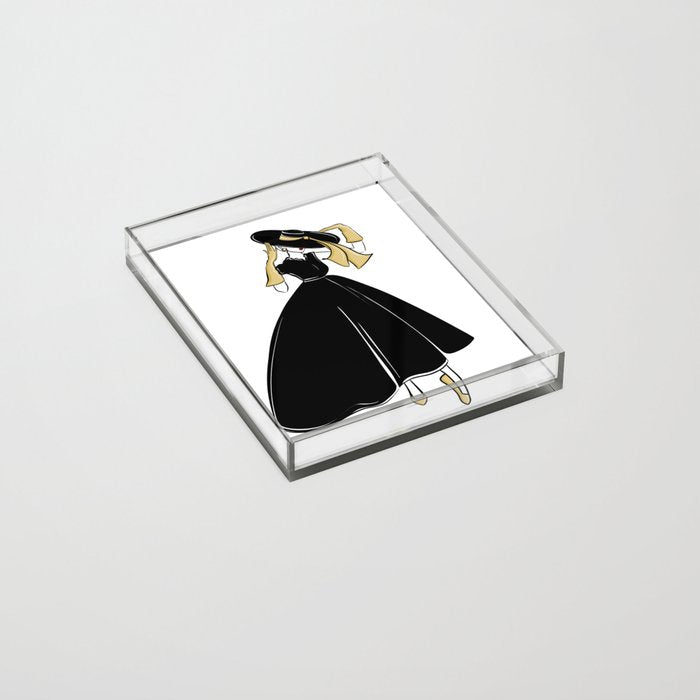 1950's Inspired Fashion Illustration Black & White with Gold Acrylic Tray
