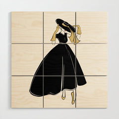 1950's Inspired Fashion Illustration Black & White with Gold Wood Wall Art