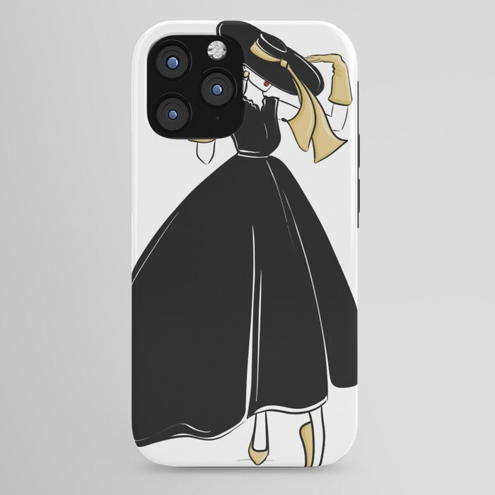 1950's Inspired Fashion Illustration Black & White with Gold iPhone Case