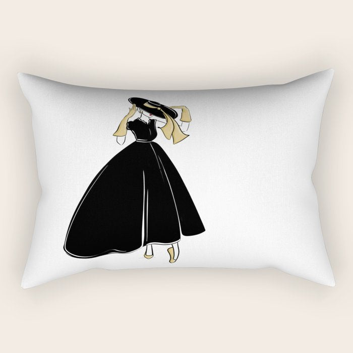 1950's Inspired Fashion Illustration Black & White with Gold Rectangular Pillow