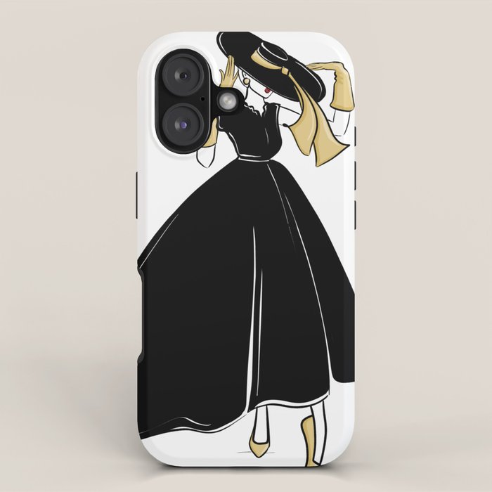 1950's Inspired Fashion Illustration Black & White with Gold iPhone Case