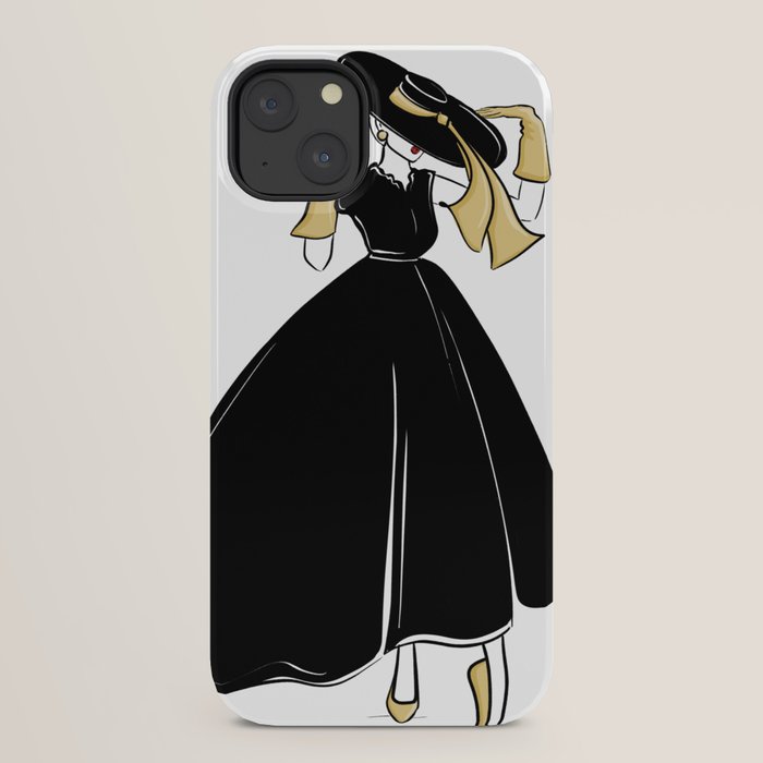 1950's Inspired Fashion Illustration Black & White with Gold iPhone Case