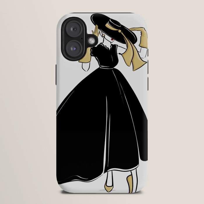 1950's Inspired Fashion Illustration Black & White with Gold iPhone Case