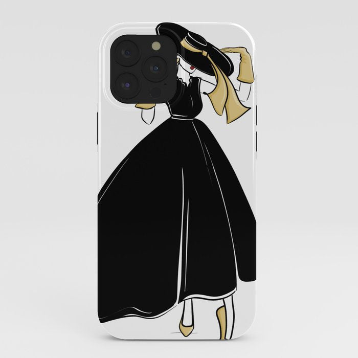 1950's Inspired Fashion Illustration Black & White with Gold iPhone Case