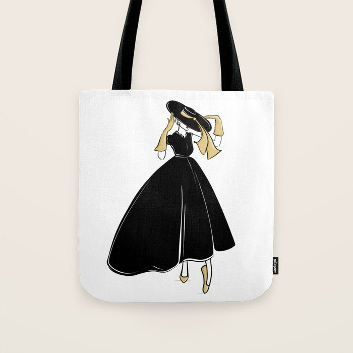 1950's Inspired Fashion Illustration Black & White with Gold Tote Bag