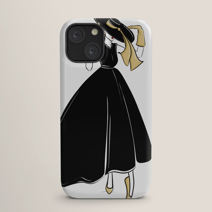 1950's Inspired Fashion Illustration Black & White with Gold iPhone Case