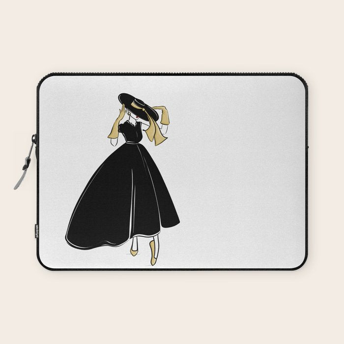 1950's Inspired Fashion Illustration Black & White with Gold Laptop Sleeve