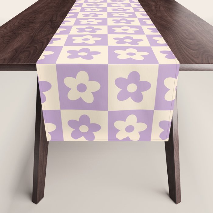 90s flowers checkers cream and lilac Table Runner