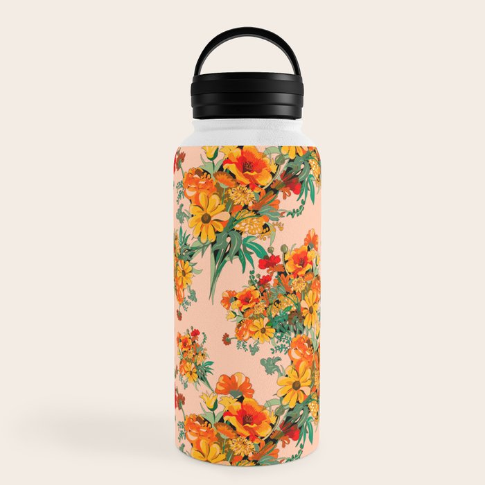 70s Pastel Floral on pink blush Boho Water Bottle