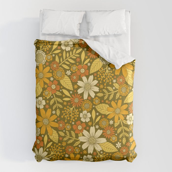1970s Retro Flowers Pattern in Yellow, Orange & Olive Green Duvet Cover