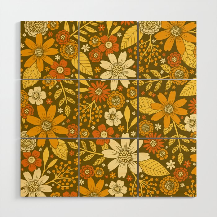 1970s Retro Flowers Pattern in Yellow, Orange & Olive Green Wood Wall Art