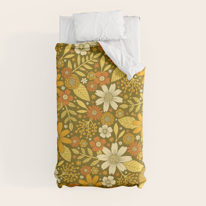 1970s Retro Flowers Pattern in Yellow, Orange & Olive Green Duvet Cover