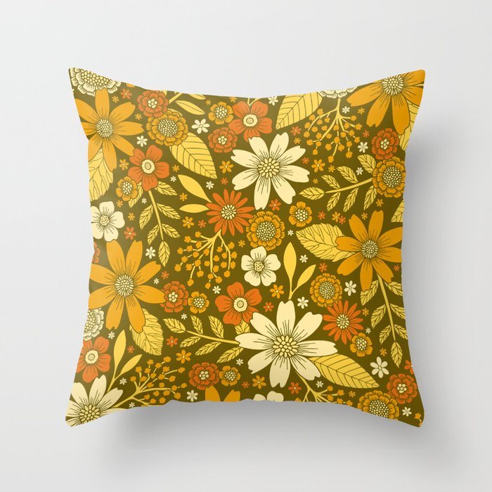 1970s Retro Flowers Pattern in Yellow, Orange & Olive Green Throw Pillow