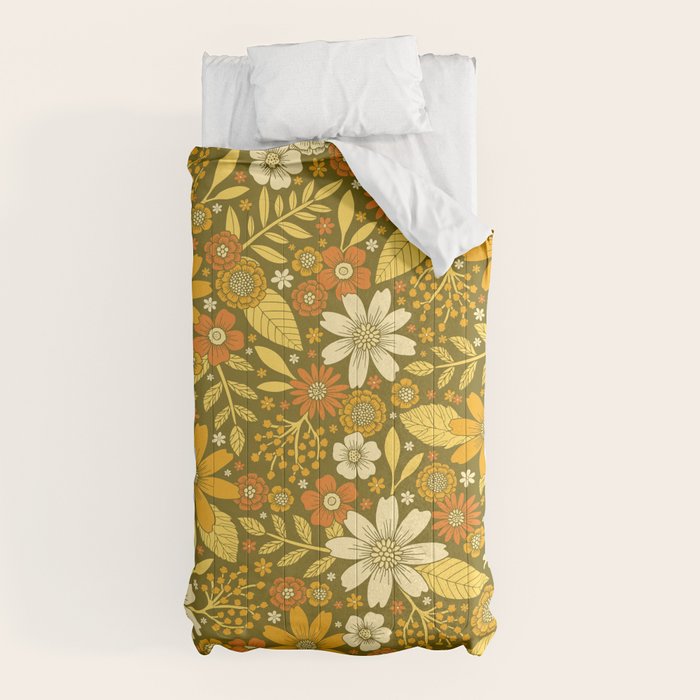 1970s Retro Flowers Pattern in Yellow, Orange & Olive Green Comforter