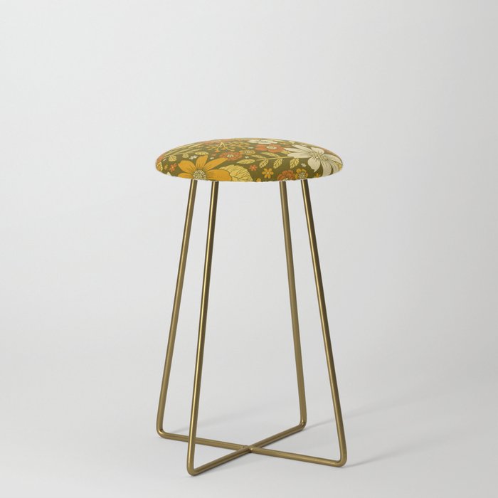 1970s Retro Flowers Pattern in Yellow, Orange & Olive Green Stool