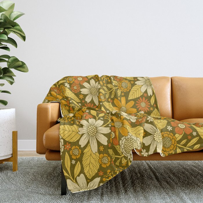 1970s Retro Flowers Pattern in Yellow, Orange & Olive Green Throw Blanket