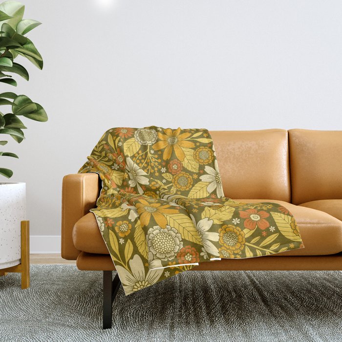1970s Retro Flowers Pattern in Yellow, Orange & Olive Green Throw Blanket