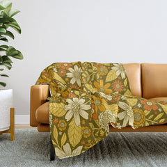 1970s Retro Flowers Pattern in Yellow, Orange & Olive Green Throw Blanket