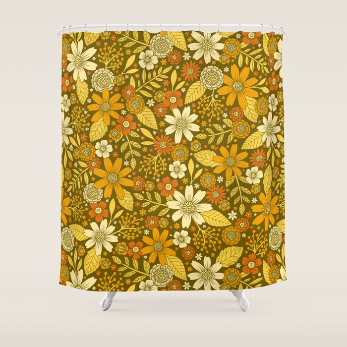 1970s Retro Flowers Pattern in Yellow, Orange & Olive Green Shower Curtain