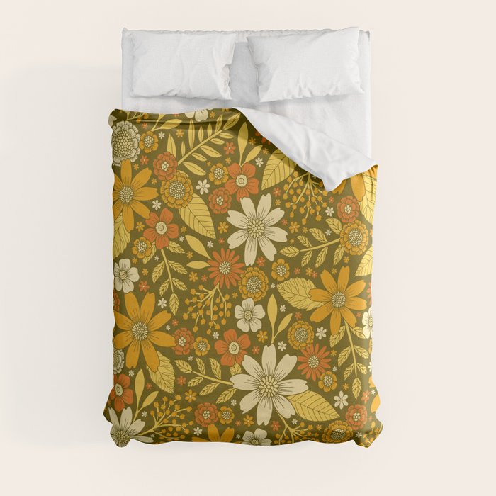 1970s Retro Flowers Pattern in Yellow, Orange & Olive Green Duvet Cover