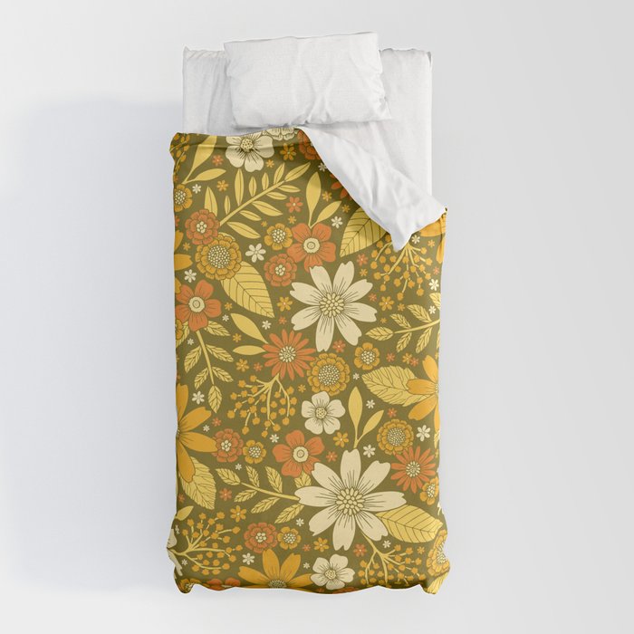 1970s Retro Flowers Pattern in Yellow, Orange & Olive Green Duvet Cover